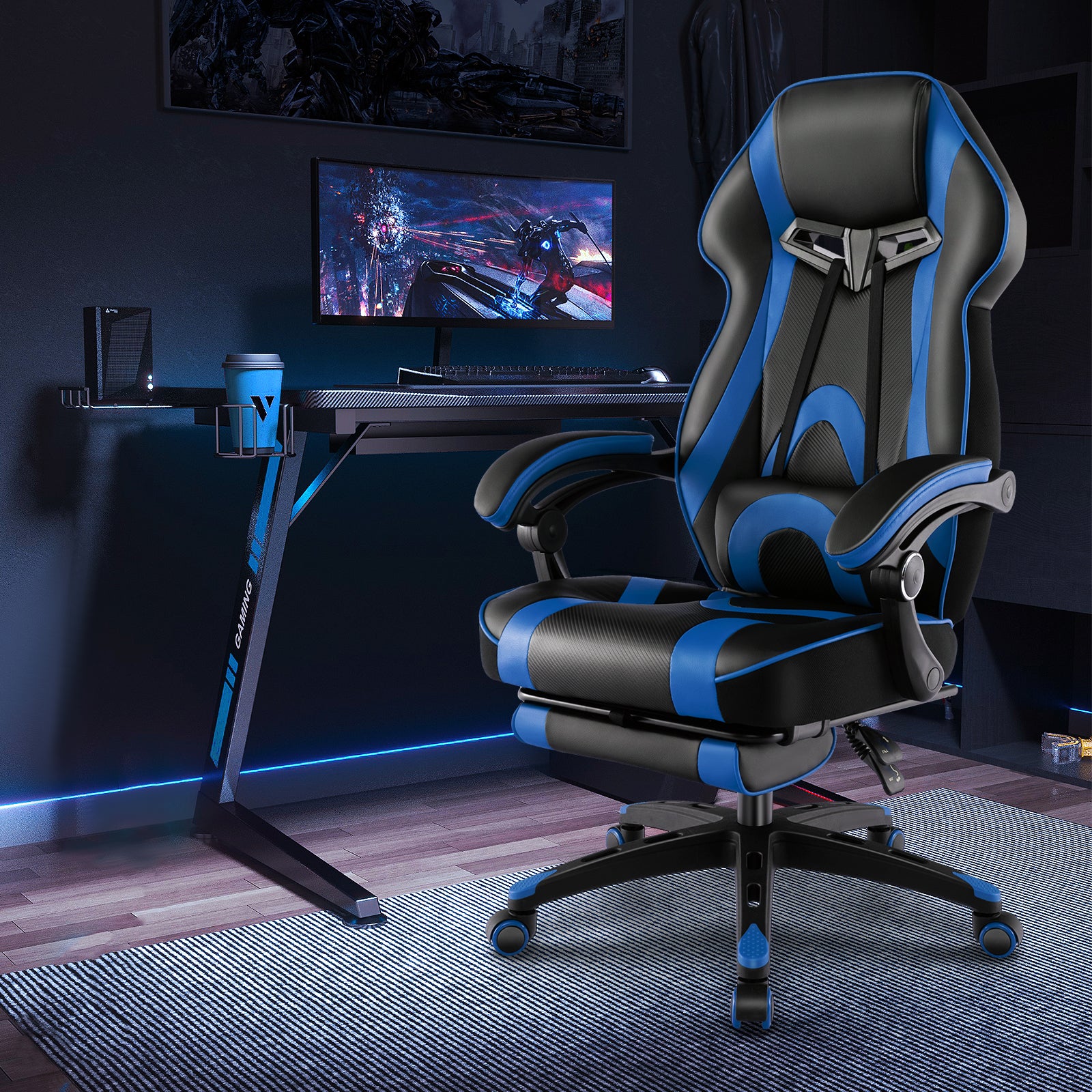 Gaming Chair Racing Style Swivel Chair with Footrest and Adjustable Lumbar Pillow-Blue