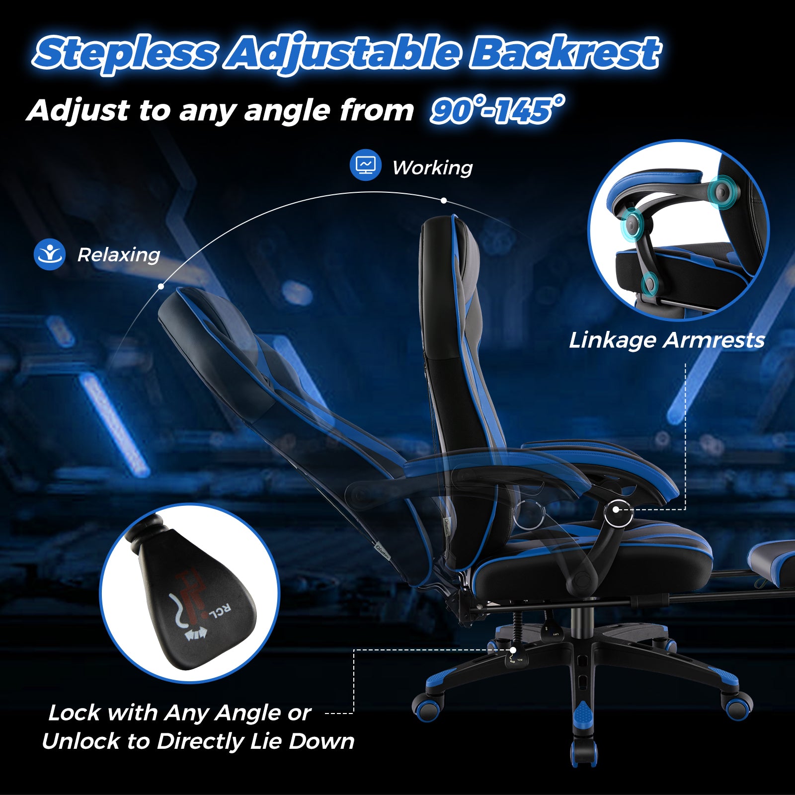 Gaming Chair Racing Style Swivel Chair with Footrest and Adjustable Lumbar Pillow-Blue