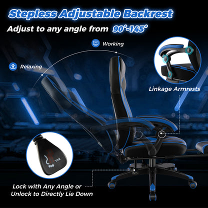 Gaming Chair Racing Style Swivel Chair with Footrest and Adjustable Lumbar Pillow-Blue