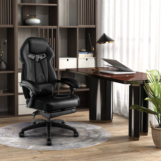 Gaming Chair Racing Style Swivel Chair with Footrest and Adjustable Lumbar Pillow-Black