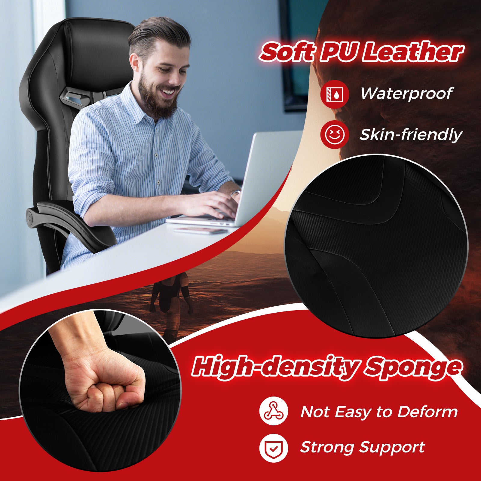 Gaming Chair Racing Style Swivel Chair with Footrest and Adjustable Lumbar Pillow-Black