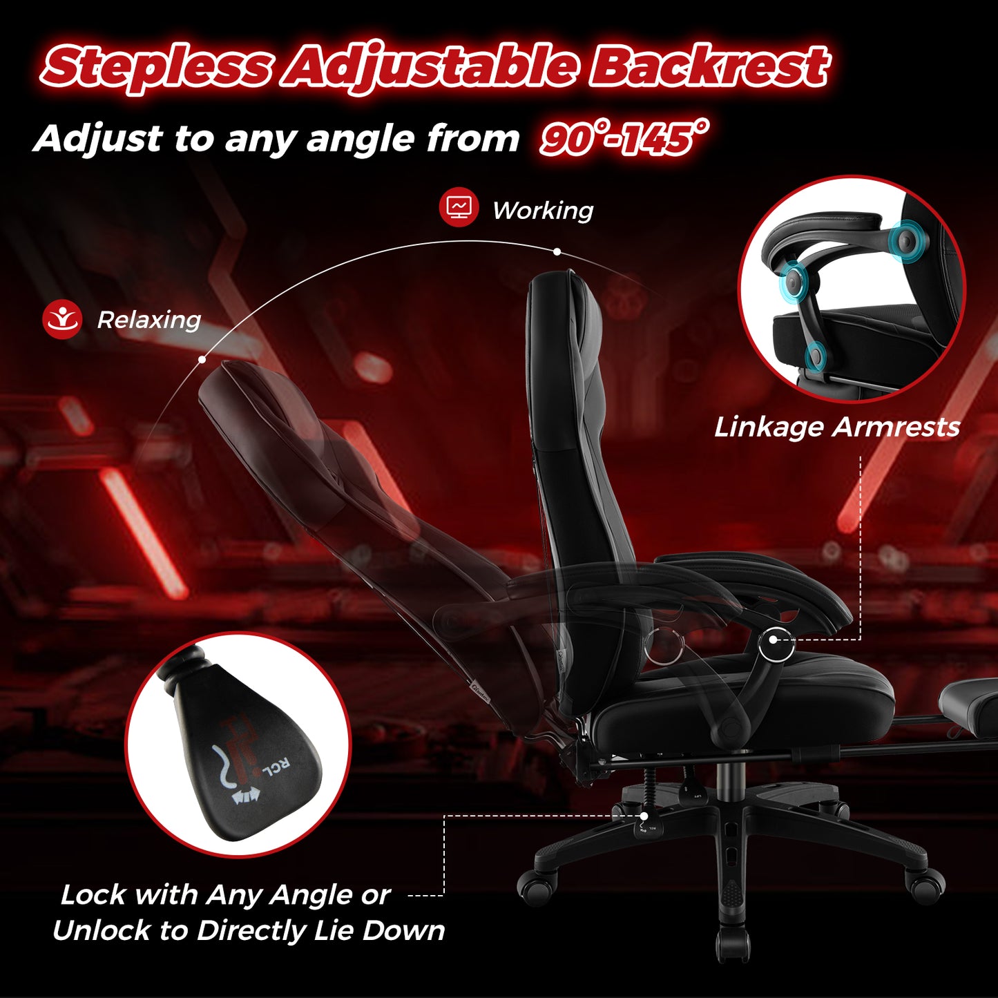 Gaming Chair Racing Style Swivel Chair with Footrest and Adjustable Lumbar Pillow-Black