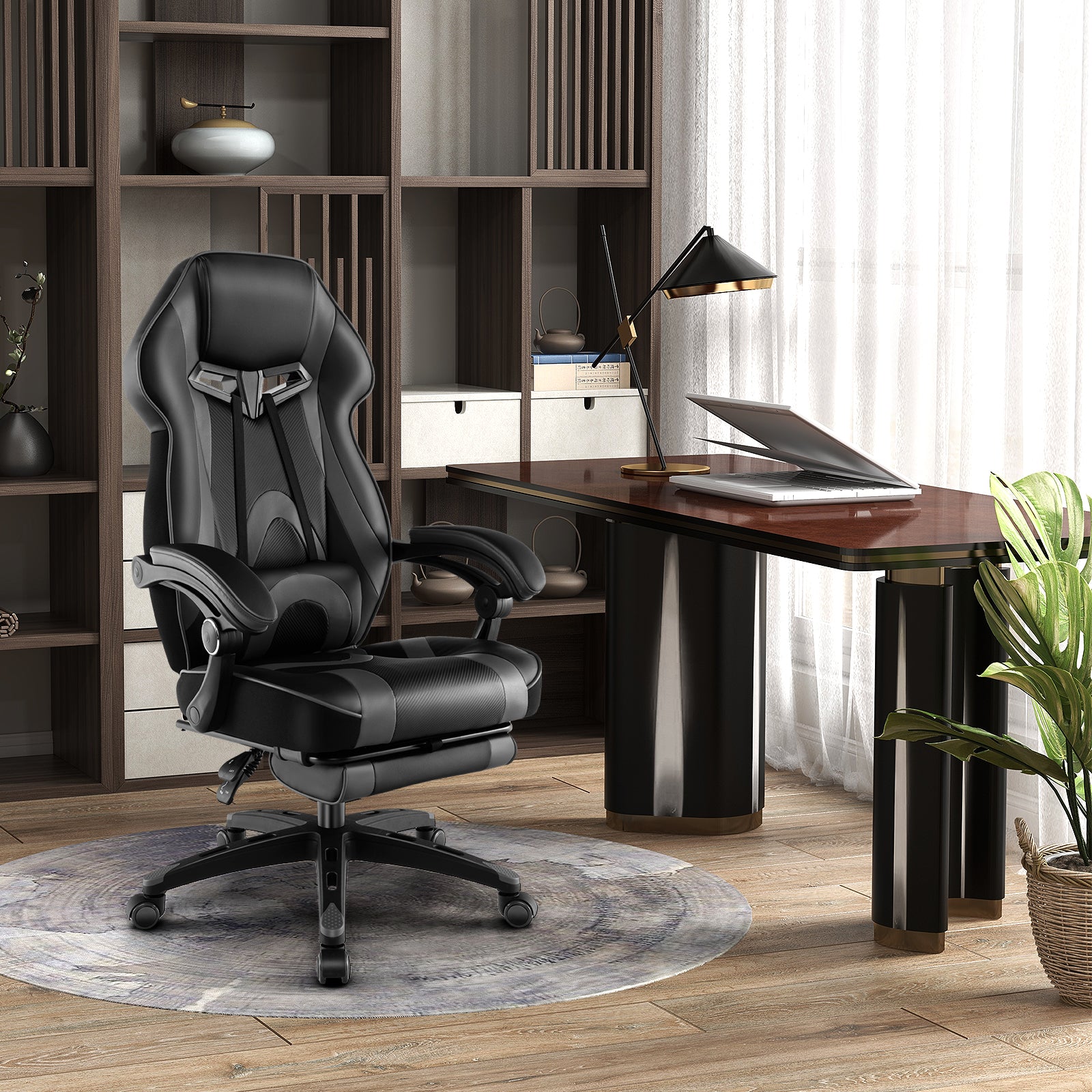 Gaming Chair Racing Style Swivel Chair with Footrest and Adjustable Lumbar Pillow-Gray