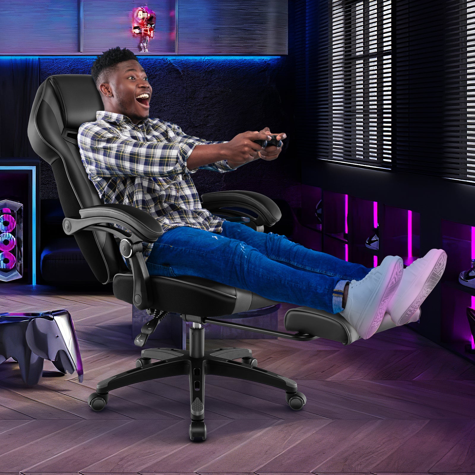 Gaming Chair Racing Style Swivel Chair with Footrest and Adjustable Lumbar Pillow-Gray