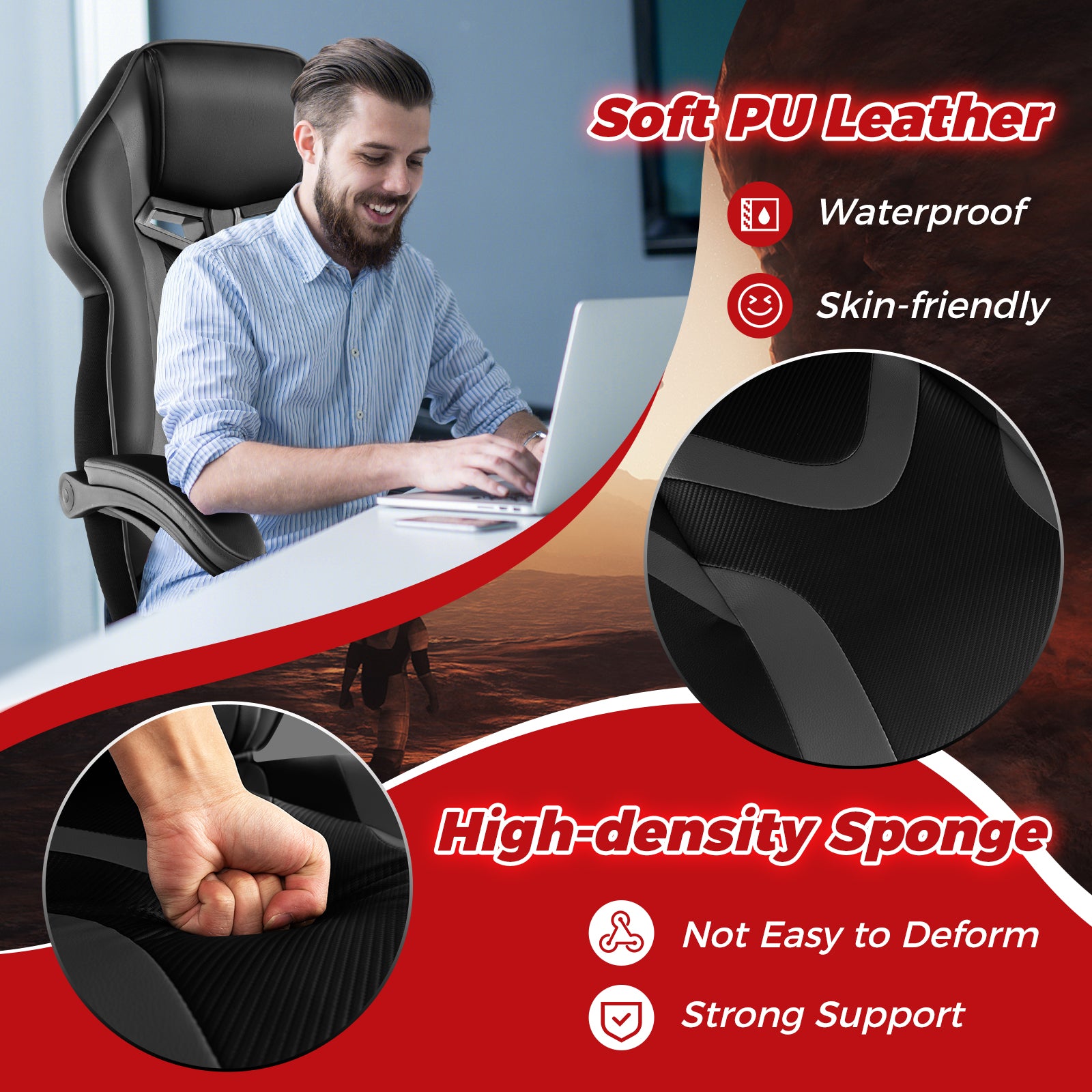 Gaming Chair Racing Style Swivel Chair with Footrest and Adjustable Lumbar Pillow-Gray