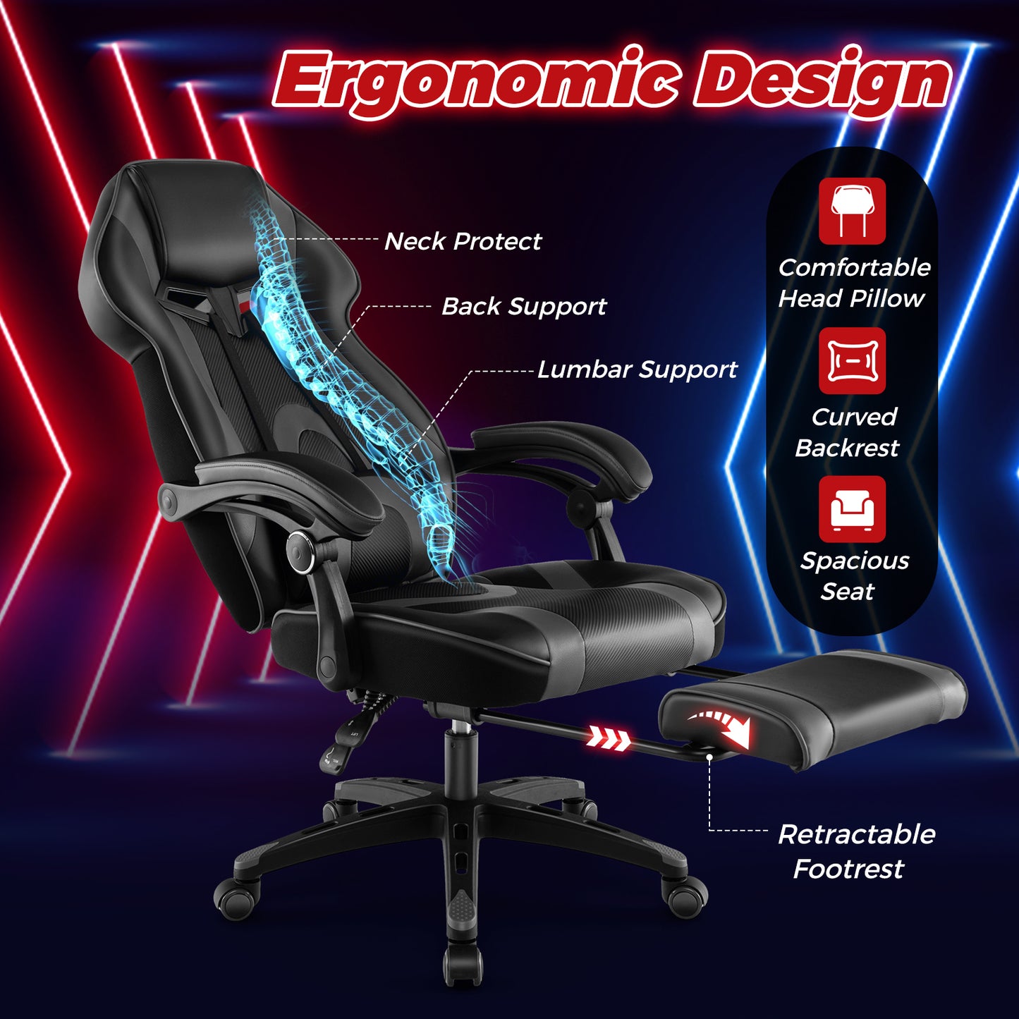 Gaming Chair Racing Style Swivel Chair with Footrest and Adjustable Lumbar Pillow-Gray