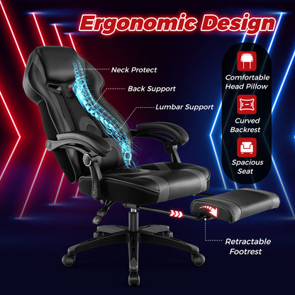 Gaming Chair Racing Style Swivel Chair with Footrest and Adjustable Lumbar Pillow-Gray