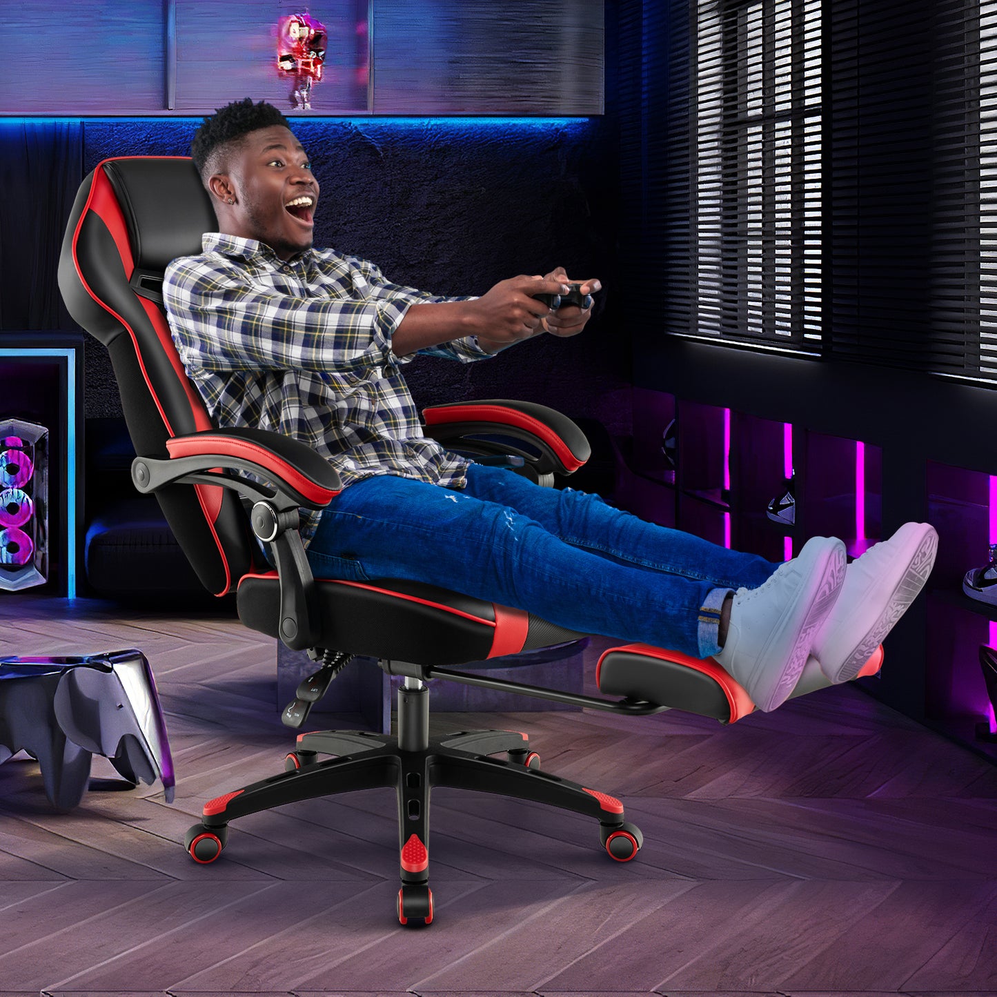 Gaming Chair Racing Style Swivel Chair with Footrest and Adjustable Lumbar Pillow-Red