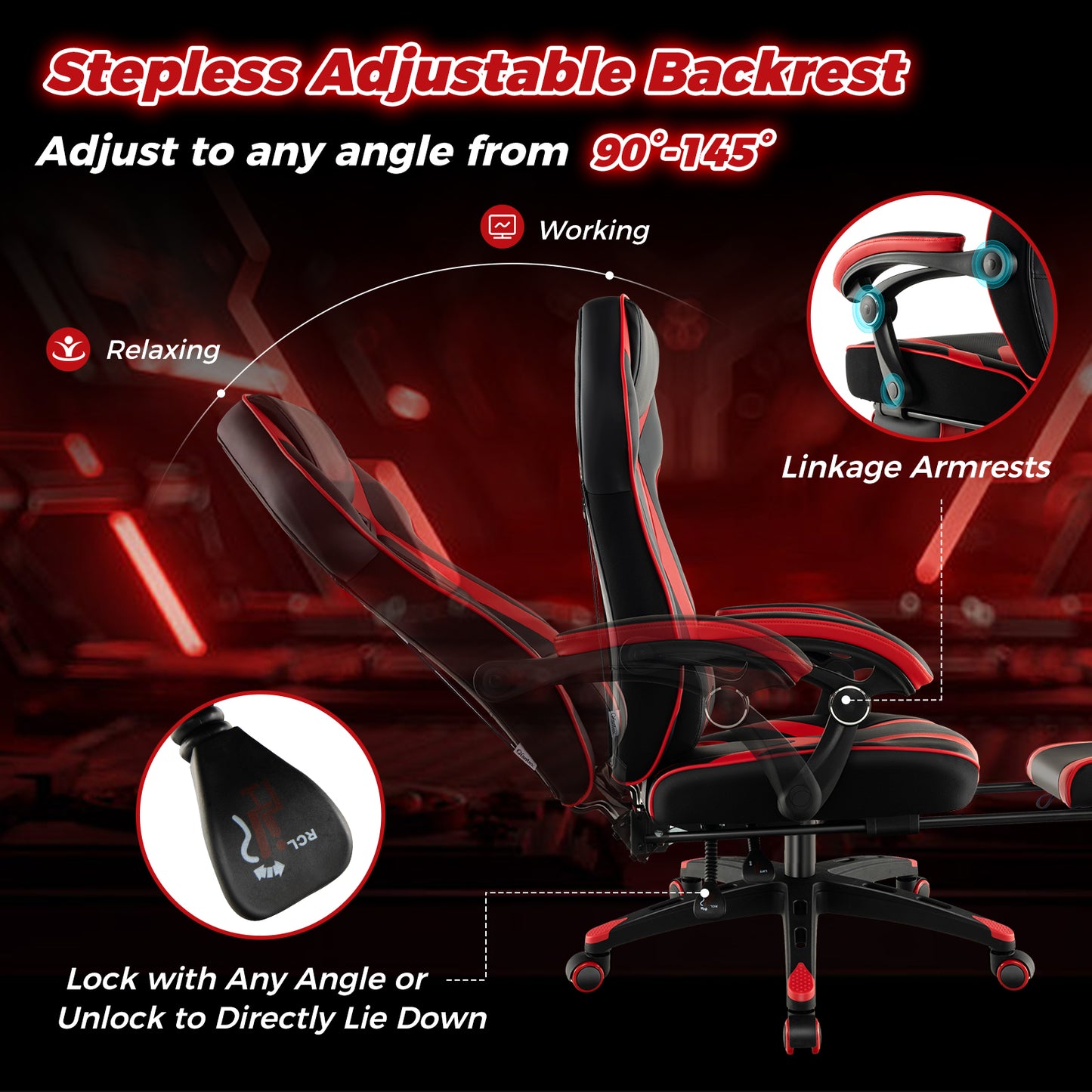Gaming Chair Racing Style Swivel Chair with Footrest and Adjustable Lumbar Pillow-Red