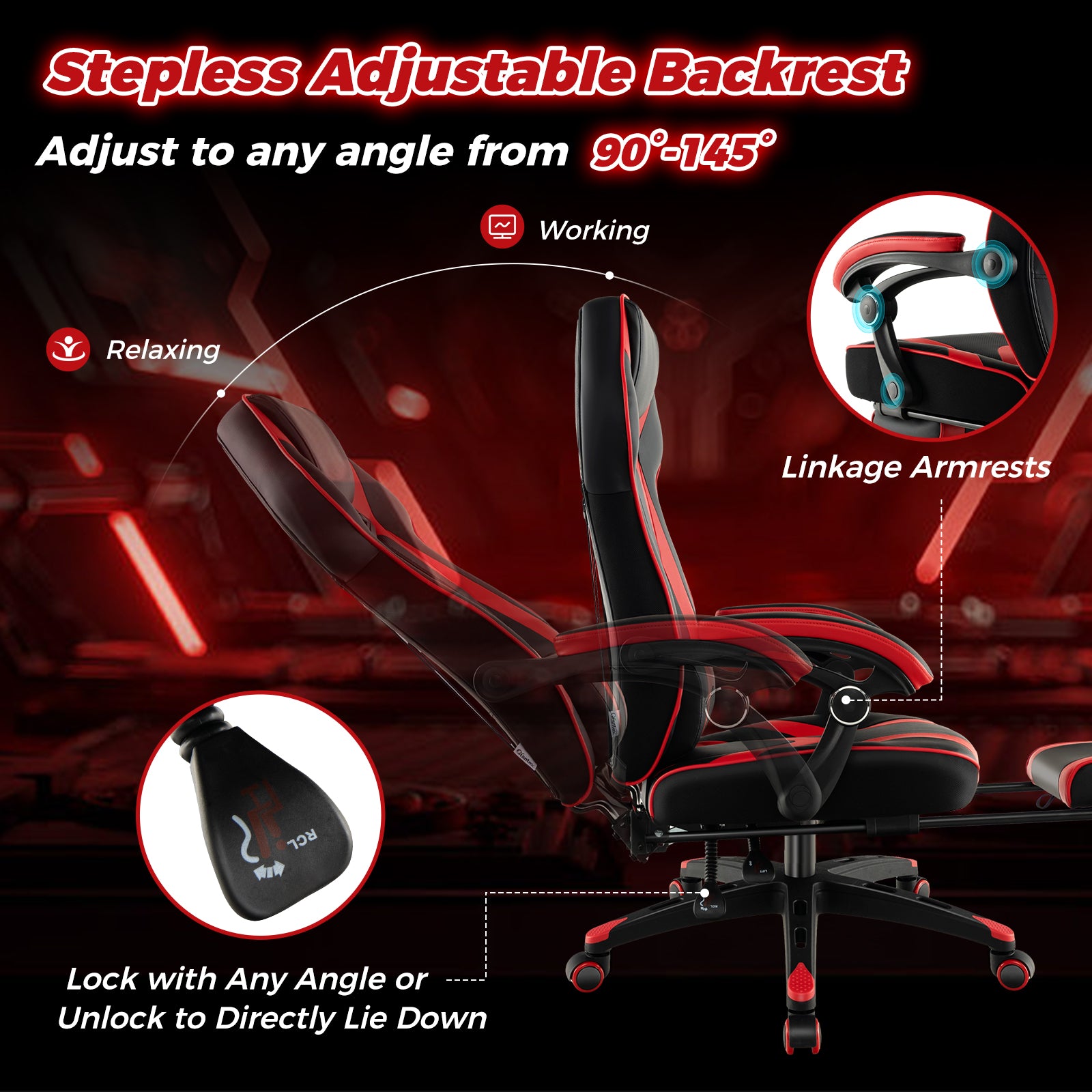 Gaming Chair Racing Style Swivel Chair with Footrest and Adjustable Lumbar Pillow-Red