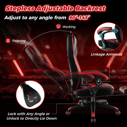 Gaming Chair Racing Style Swivel Chair with Footrest and Adjustable Lumbar Pillow-Red