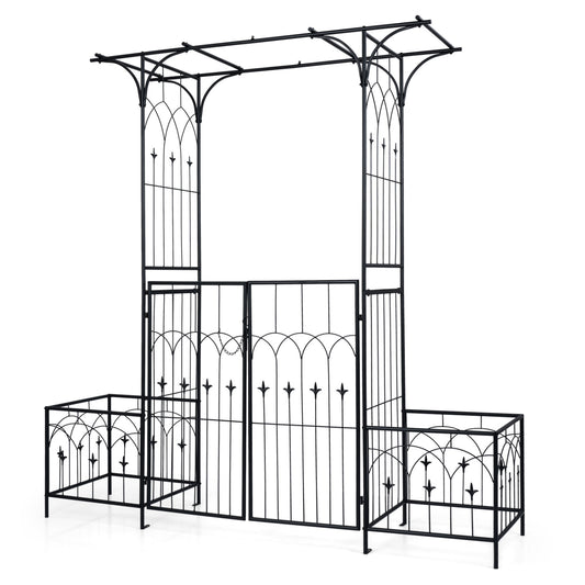 Garden Arbor with Gate and Planter Boxes Heavy Duty Metal Arch with Side Trellis