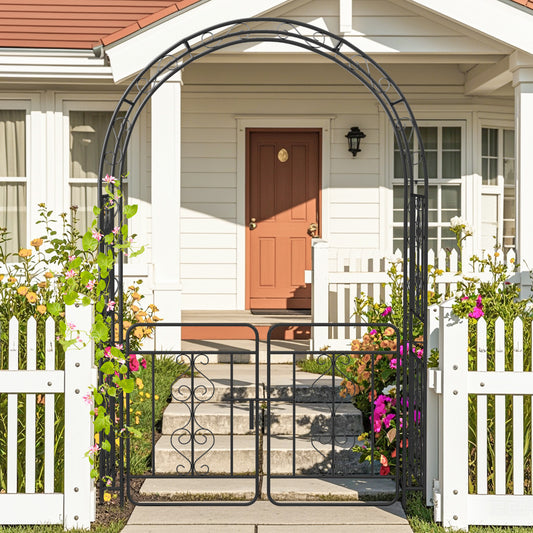 Garden Arbor with Gate with Multiple Side Crossbars and 4 Sharp Ground Stakes-Black