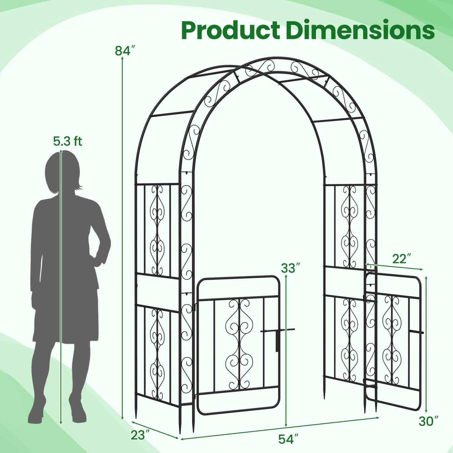 Garden Arbor with Gate with Multiple Side Crossbars and 4 Sharp Ground Stakes-Black