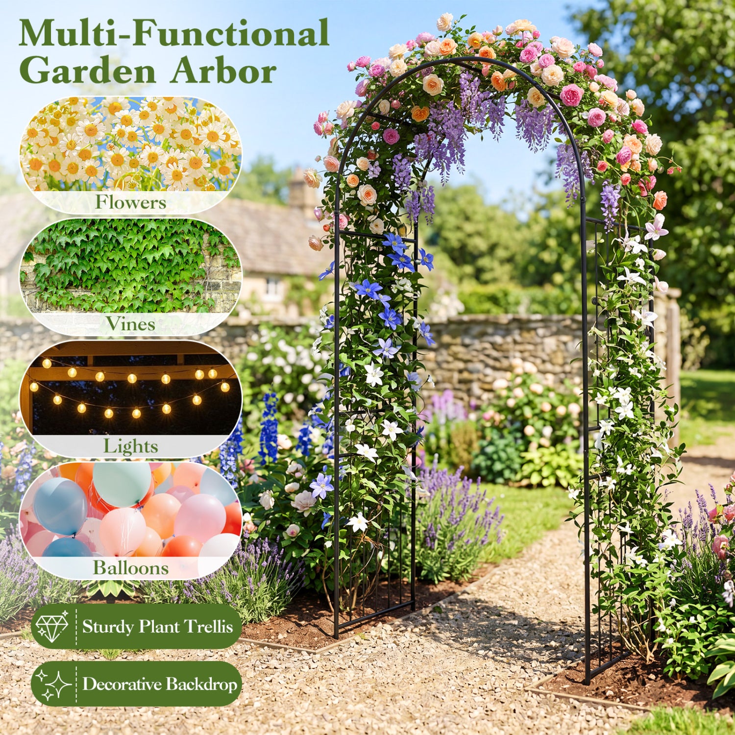 Garden Arch 87 Inches Tall Heavy Duty Metal Arbor Trellis Archway for Climbing Plants