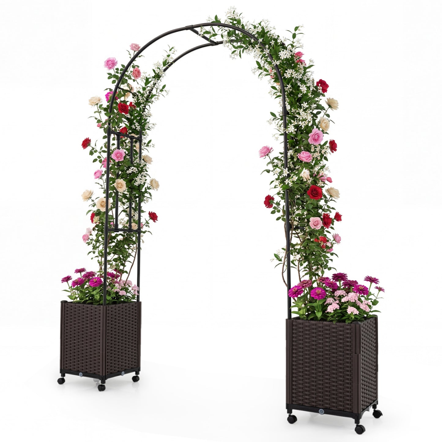 Garden Arch Trellis with 2 Self-watering Planter Boxes for Party Yard Lawn