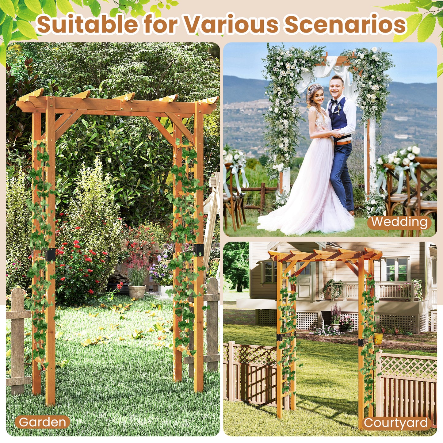 7/7.5 Feet Garden Arch Wooden Arbor Outdoor Wood Trellis for Climbing Plants-7 FT