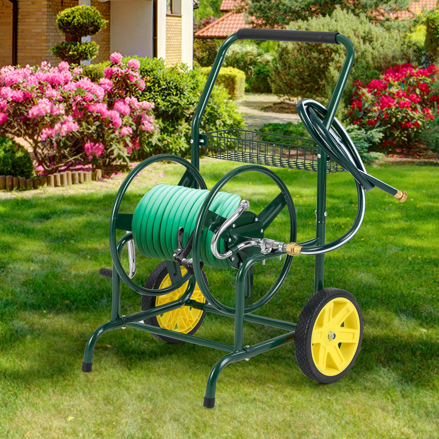 Garden Hose Reel Cart with 2 Wheels and Storage Basket-Green