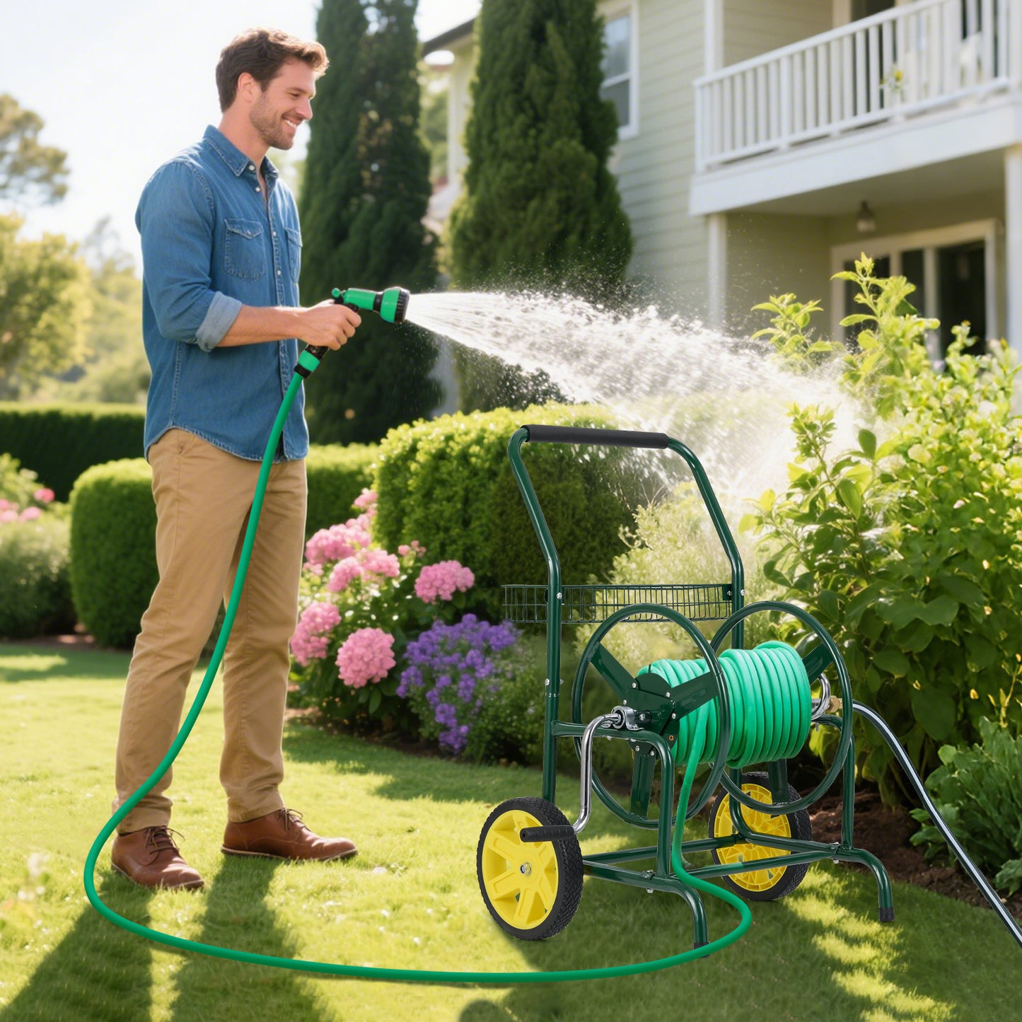 Garden Hose Reel Cart with 2 Wheels and Storage Basket-Green