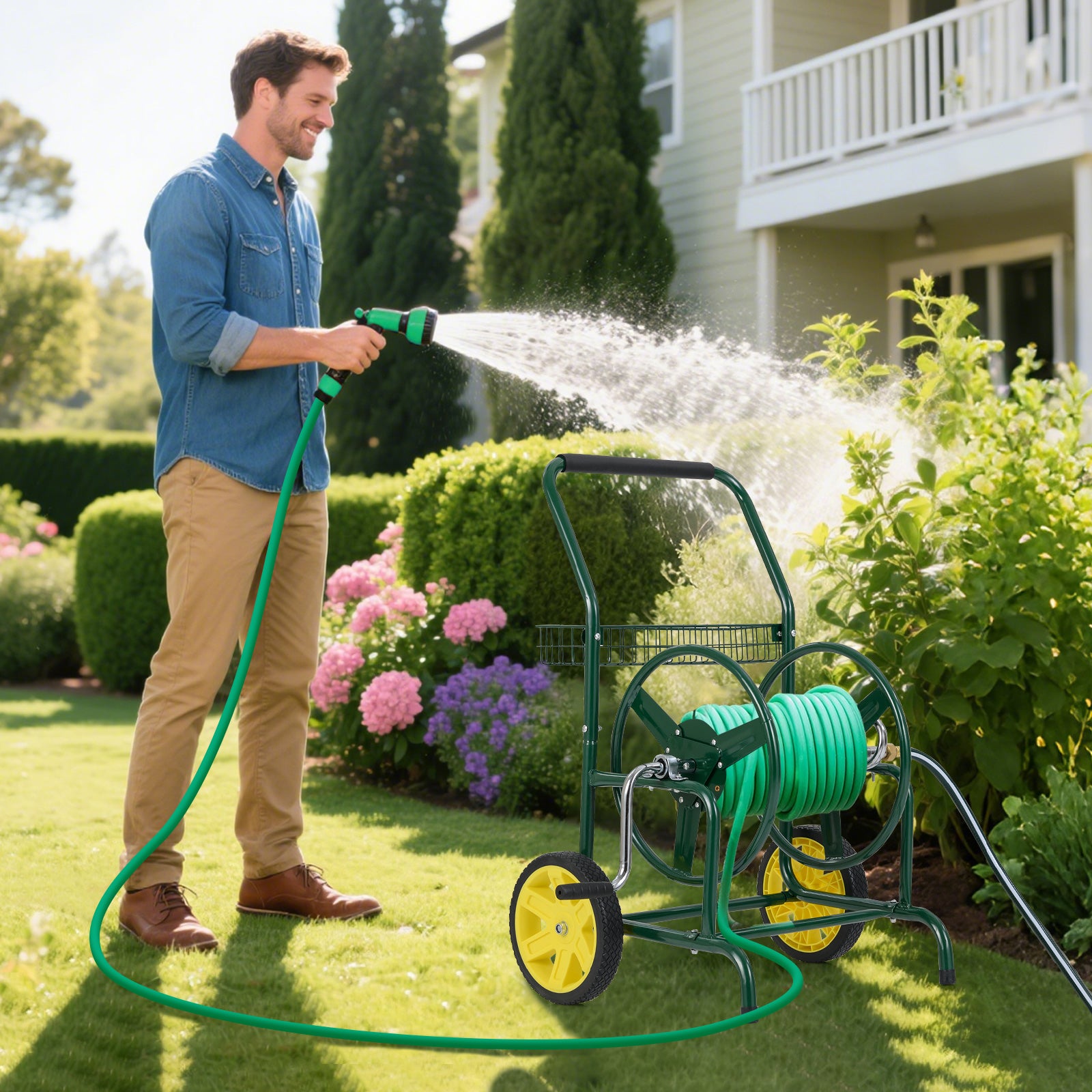 Garden Hose Reel Cart with 2 Wheels and Storage Basket-Green