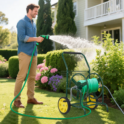 Garden Hose Reel Cart with 2 Wheels and Storage Basket-Green