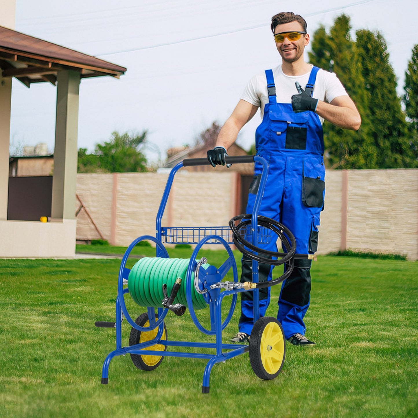 Garden Hose Reel Cart with 2 Wheels and Storage Basket-Blue