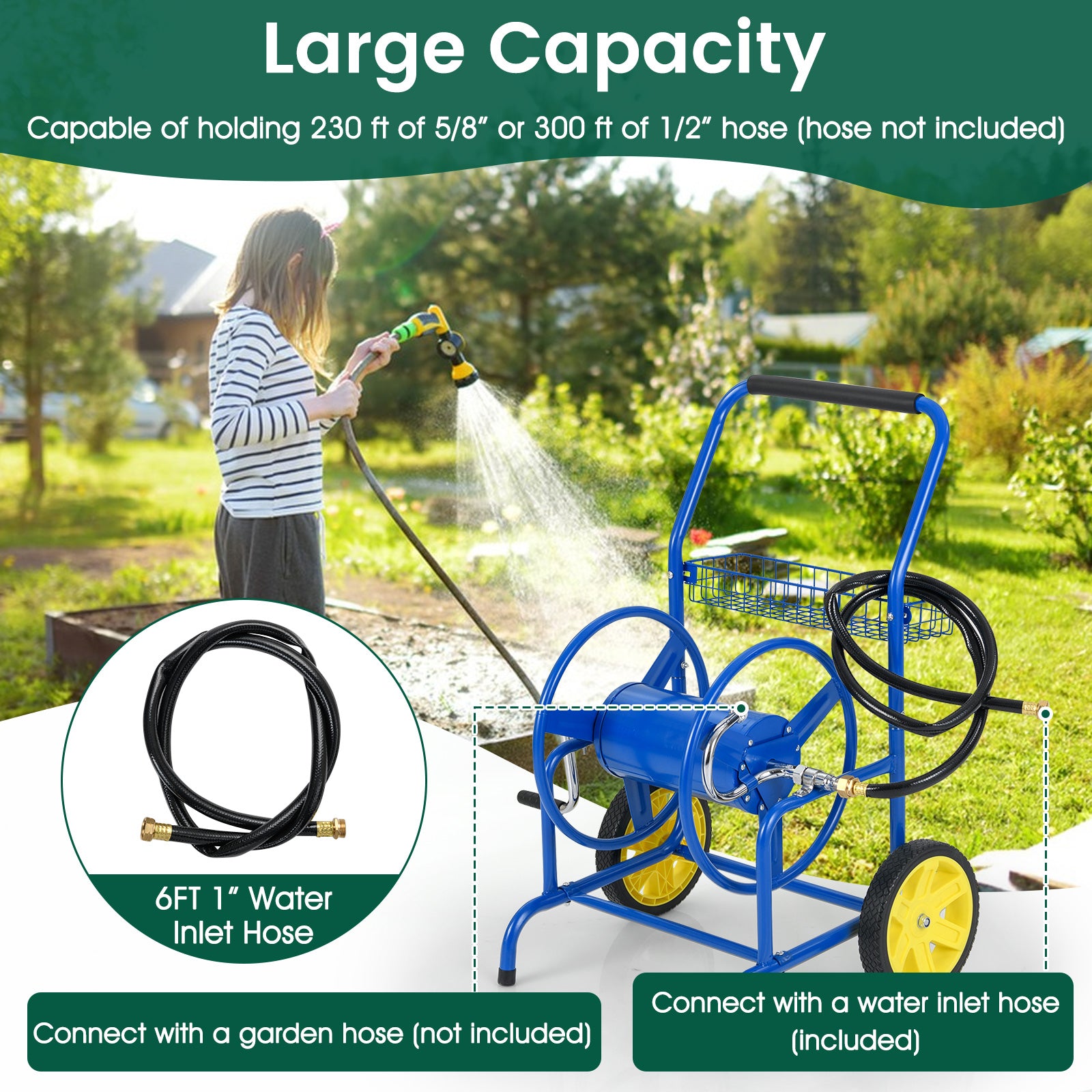 Garden Hose Reel Cart with 2 Wheels and Storage Basket-Blue