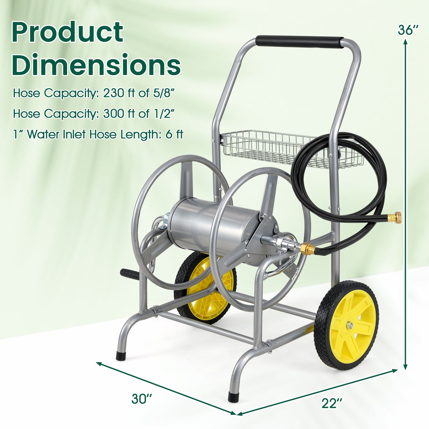 Garden Hose Reel Cart with 2 Wheels and Storage Basket-Silver