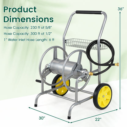 Garden Hose Reel Cart with 2 Wheels and Storage Basket-Silver
