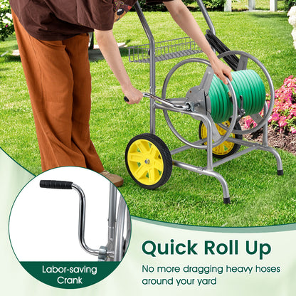 Garden Hose Reel Cart with 2 Wheels and Storage Basket-Silver