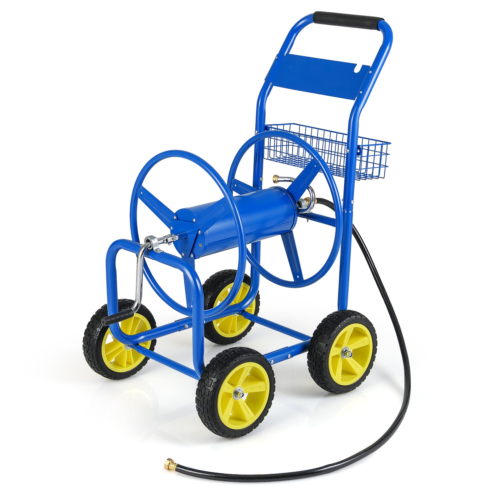 Garden Hose Reel Cart Metal Hose Cart with 4 Wheels and Storage Basket-Blue