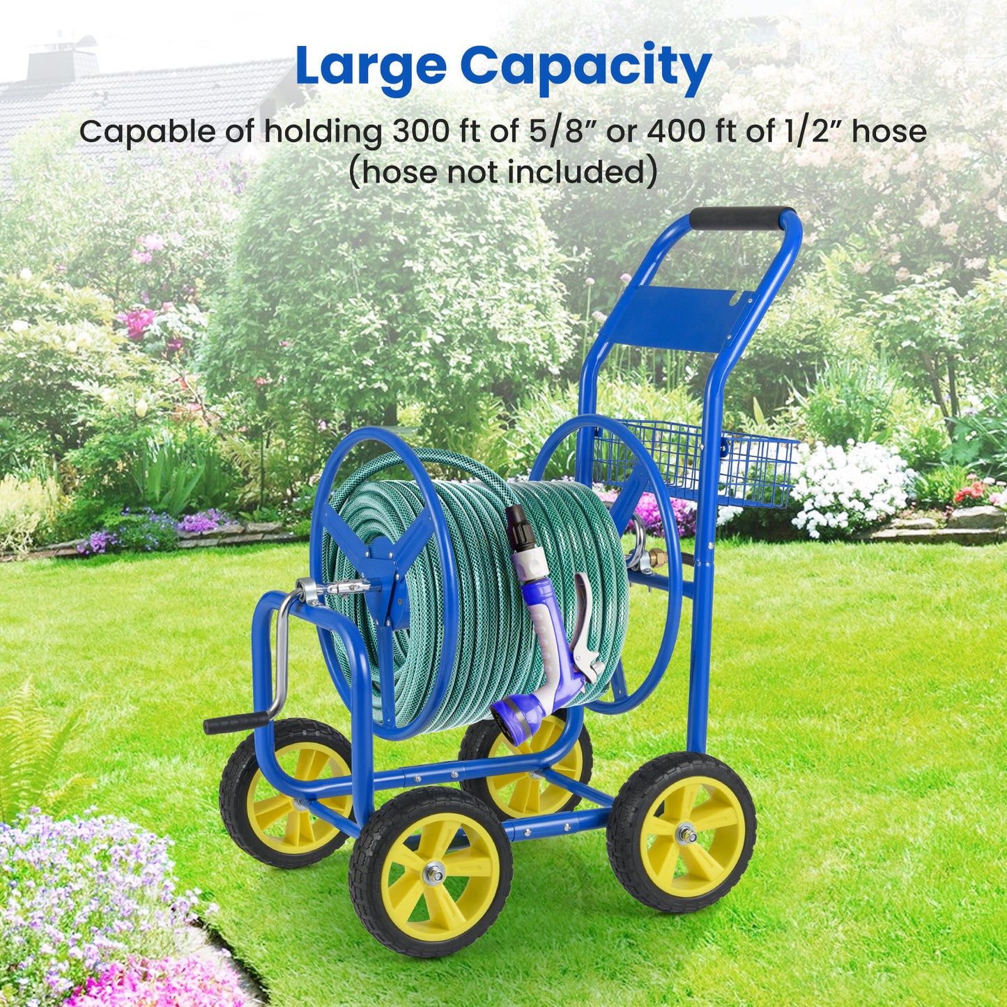 Garden Hose Reel Cart Metal Hose Cart with 4 Wheels and Storage Basket-Blue
