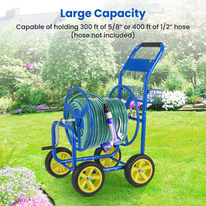 Garden Hose Reel Cart Metal Hose Cart with 4 Wheels and Storage Basket-Blue