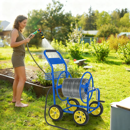 Garden Hose Reel Cart Metal Hose Cart with 4 Wheels and Storage Basket-Blue