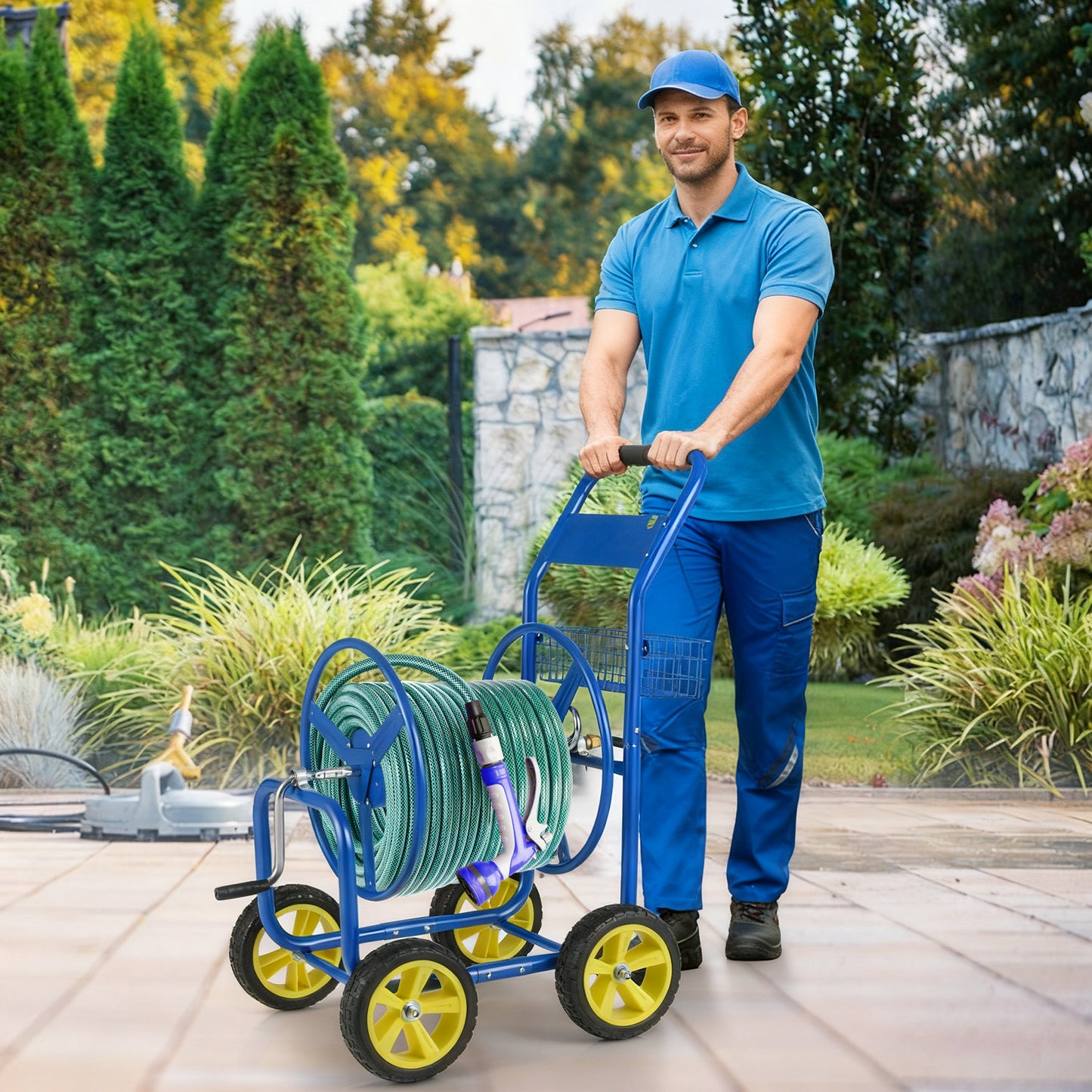 Garden Hose Reel Cart Metal Hose Cart with 4 Wheels and Storage Basket-Blue
