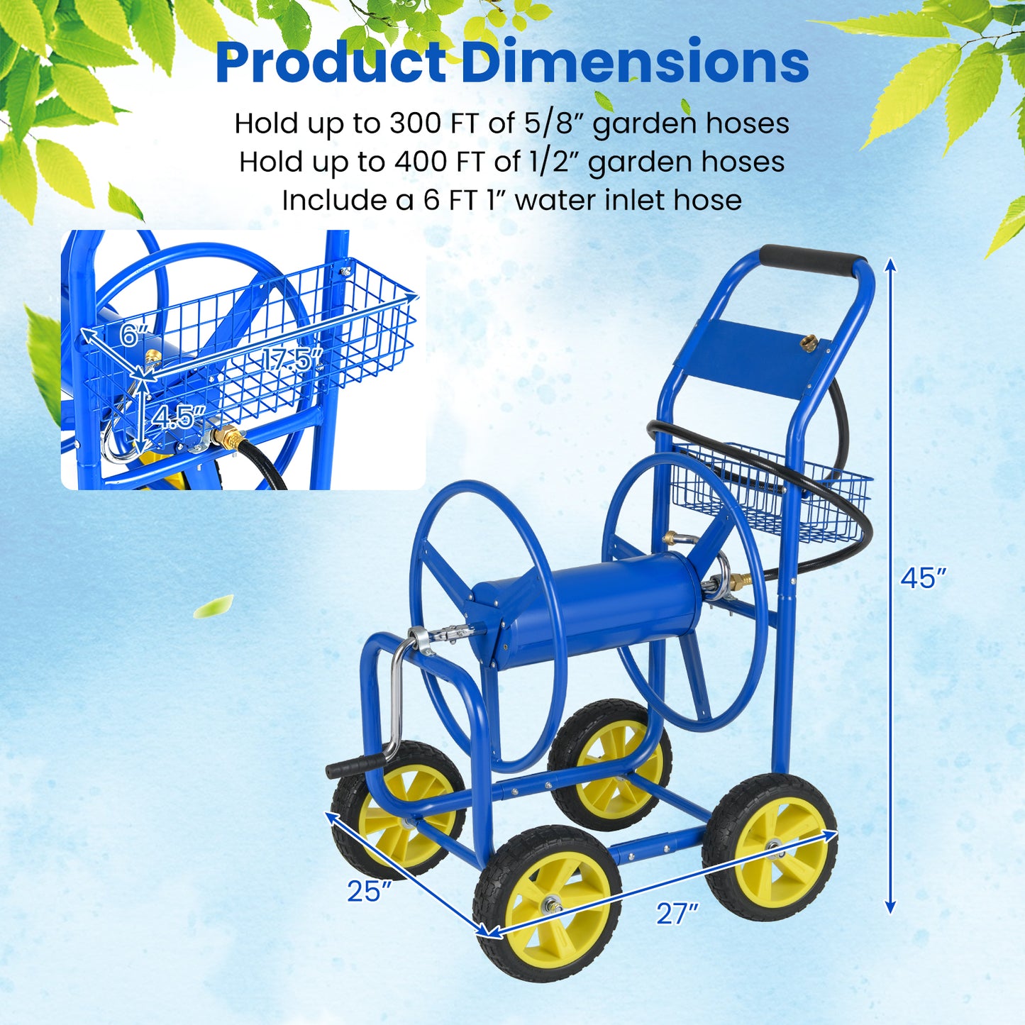 Garden Hose Reel Cart Metal Hose Cart with 4 Wheels and Storage Basket-Blue