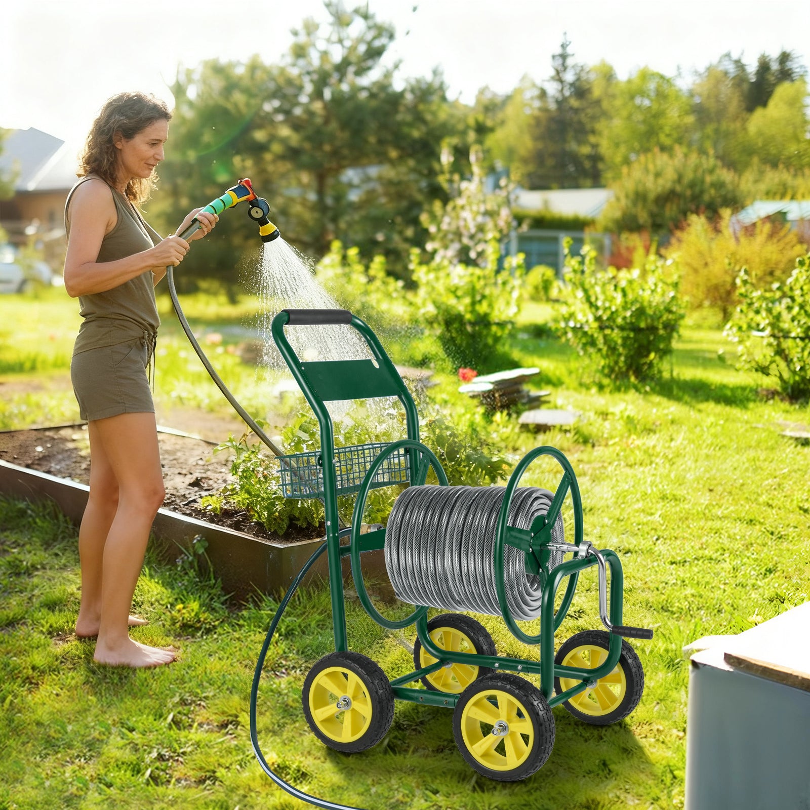 Garden Hose Reel Cart Metal Hose Cart with 4 Wheels and Storage Basket-Green