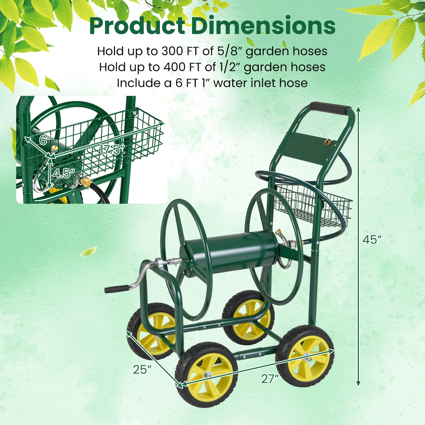 Garden Hose Reel Cart Metal Hose Cart with 4 Wheels and Storage Basket-Green