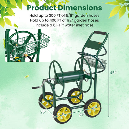 Garden Hose Reel Cart Metal Hose Cart with 4 Wheels and Storage Basket-Green