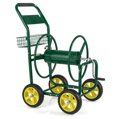 Garden Hose Reel Cart Metal Hose Cart with 4 Wheels and Storage Basket-Green