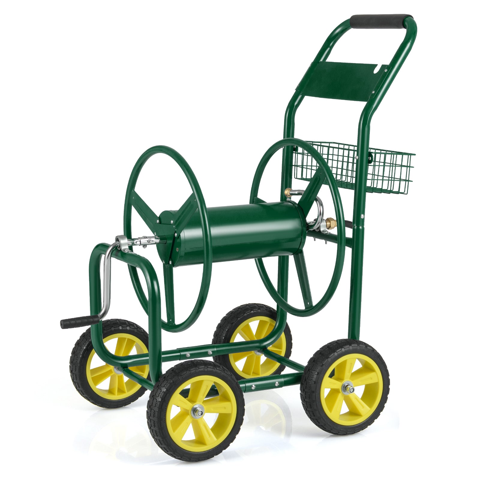 Garden Hose Reel Cart Metal Hose Cart with 4 Wheels and Storage Basket-Green
