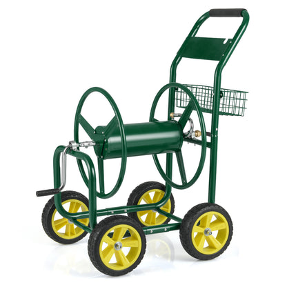 Garden Hose Reel Cart Metal Hose Cart with 4 Wheels and Storage Basket-Green