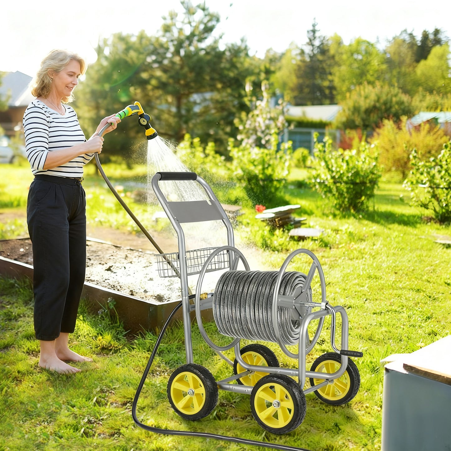 Garden Hose Reel Cart Metal Hose Cart with 4 Wheels and Storage Basket-Silver