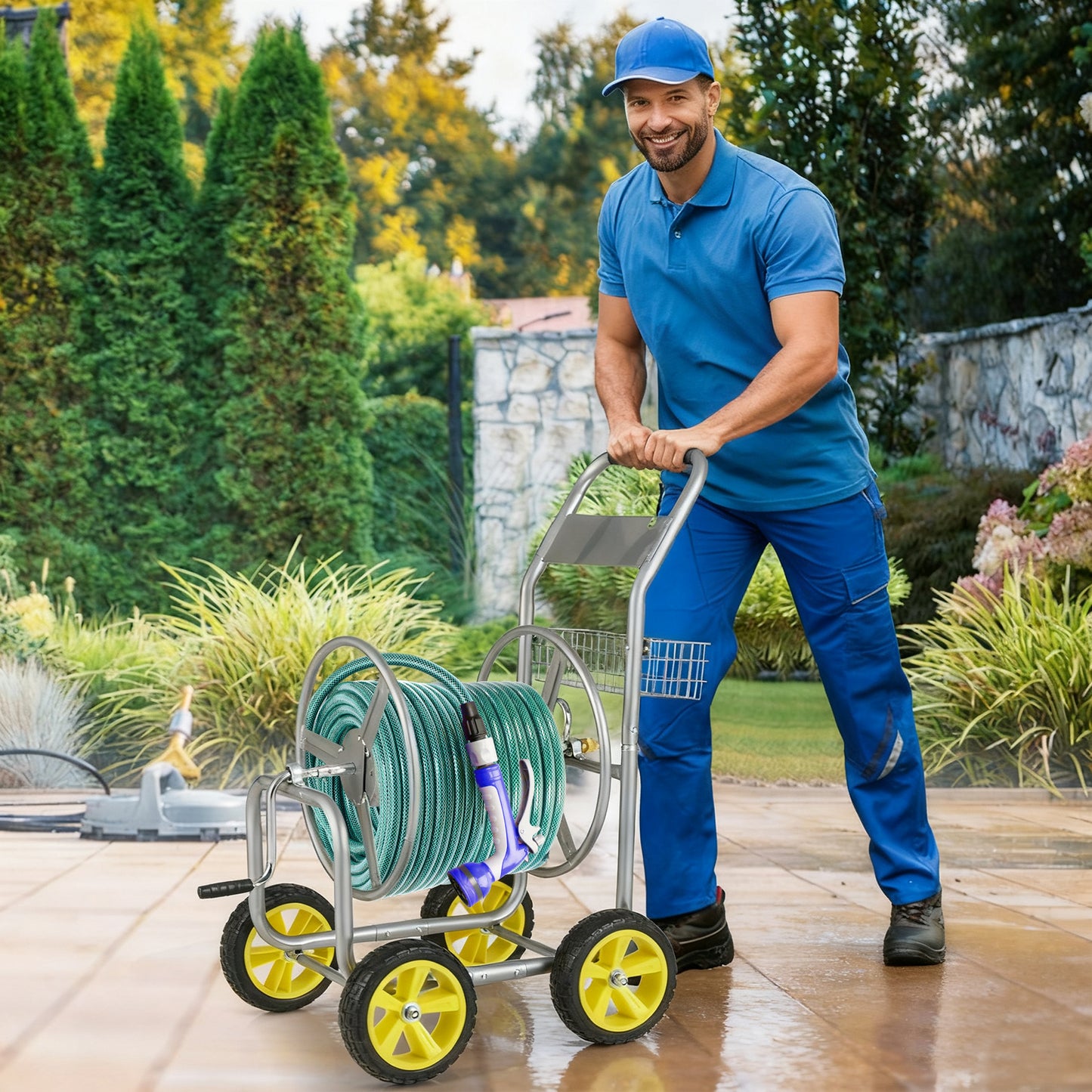 Garden Hose Reel Cart Metal Hose Cart with 4 Wheels and Storage Basket-Silver