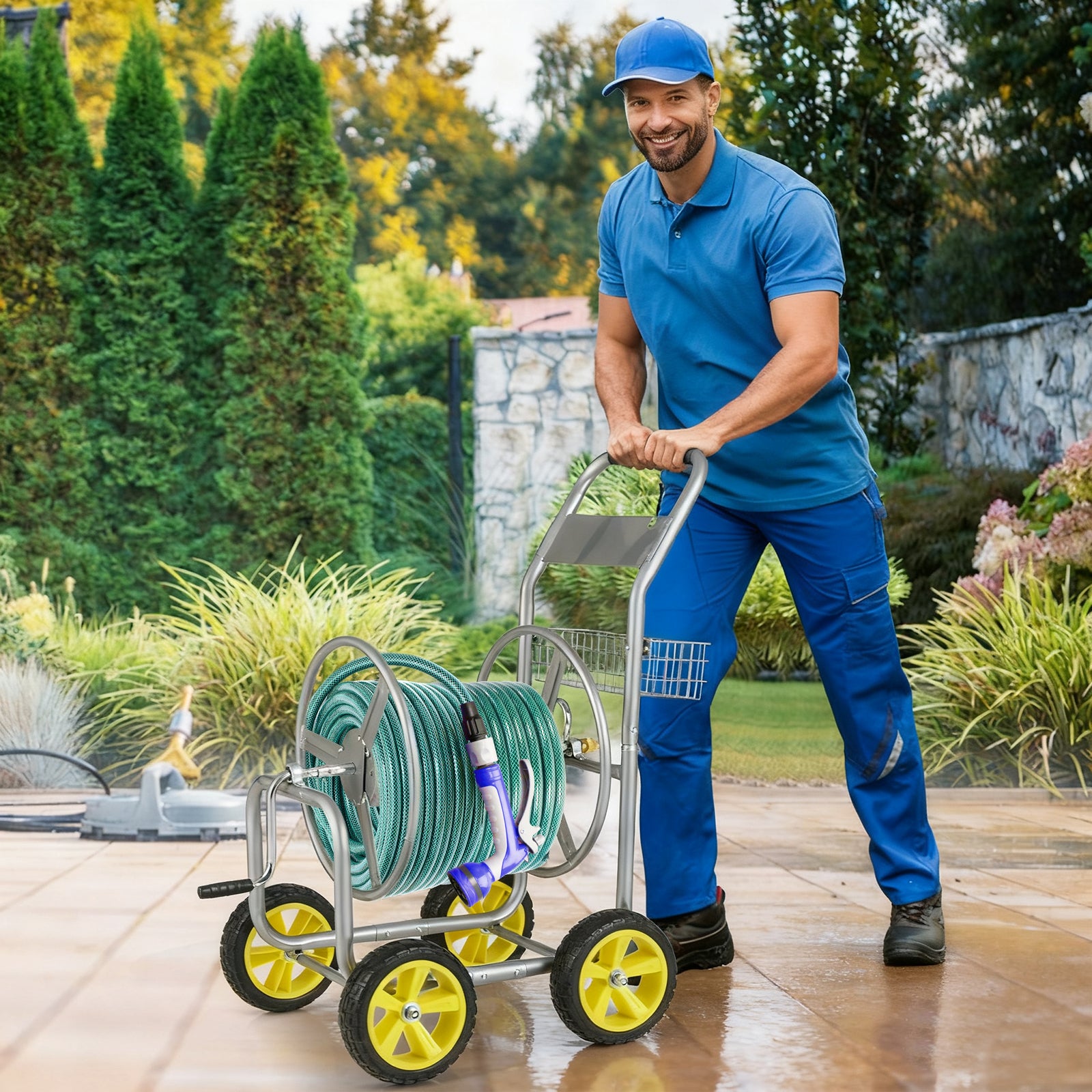 Garden Hose Reel Cart Metal Hose Cart with 4 Wheels and Storage Basket-Silver