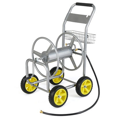 Garden Hose Reel Cart Metal Hose Cart with 4 Wheels and Storage Basket-Silver