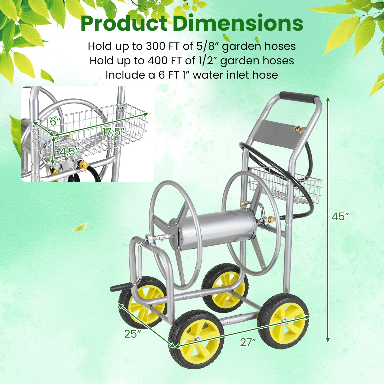 Garden Hose Reel Cart Metal Hose Cart with 4 Wheels and Storage Basket-Silver