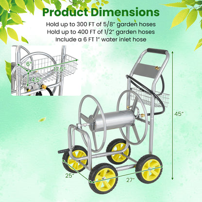 Garden Hose Reel Cart Metal Hose Cart with 4 Wheels and Storage Basket-Silver