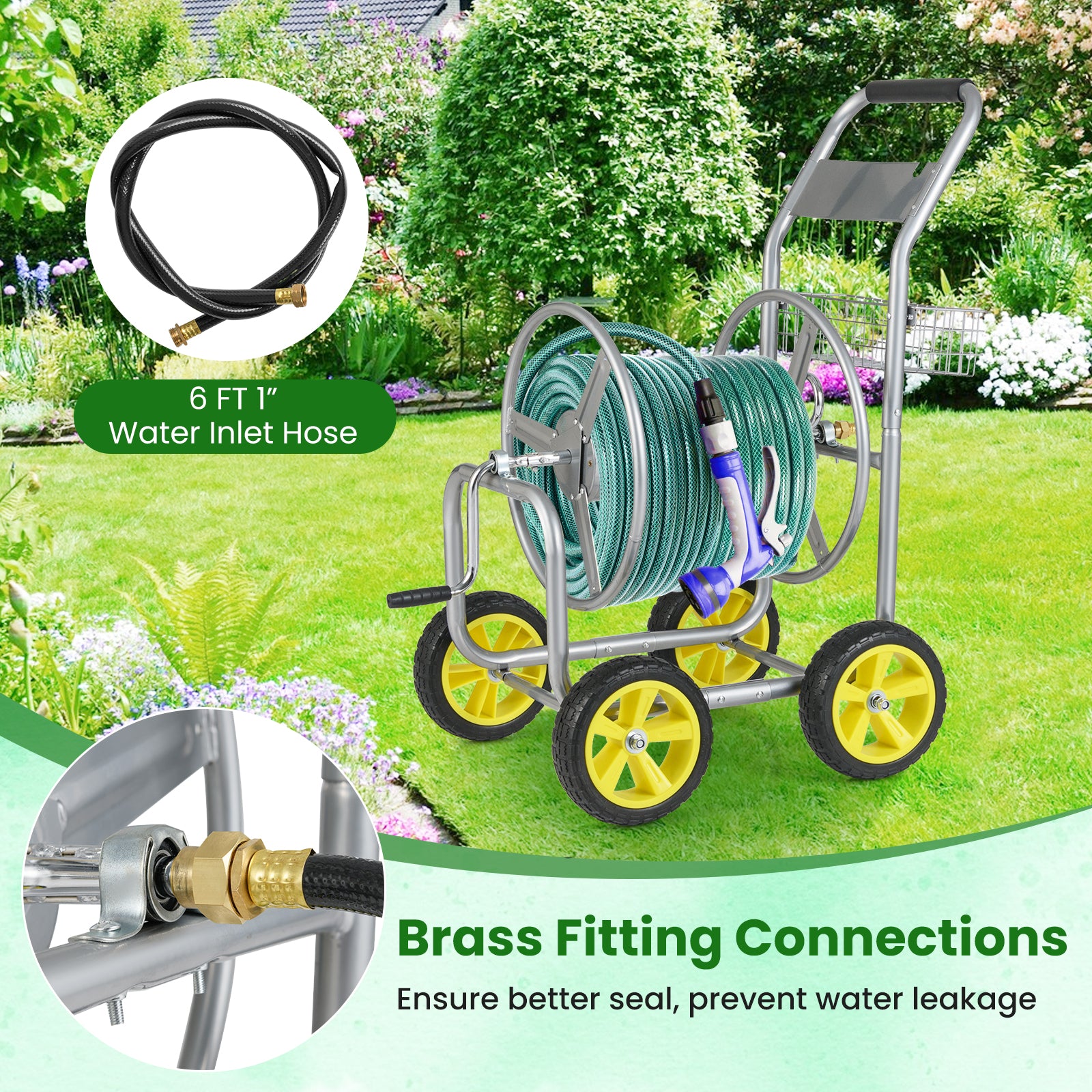 Garden Hose Reel Cart Metal Hose Cart with 4 Wheels and Storage Basket-Silver