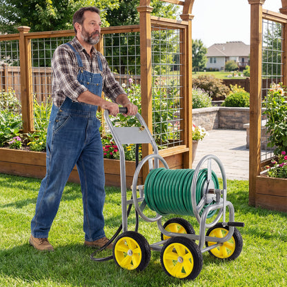 Garden Hose Reel Cart 4 Wheels Heavy-Duty Metal Water Hose Organizer Portable-Silver